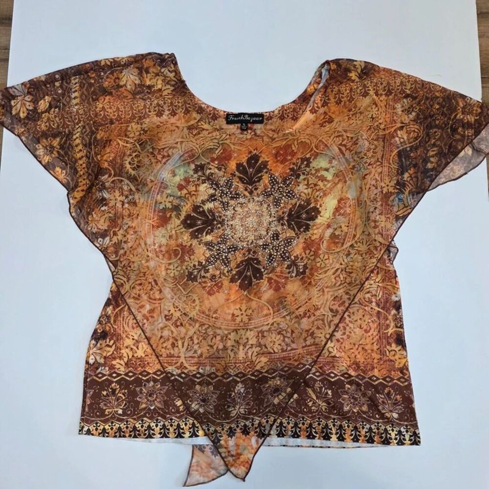 French Bazaar XL Brown Paisley Embellished Top Boho Sheer Handkerchief Hem